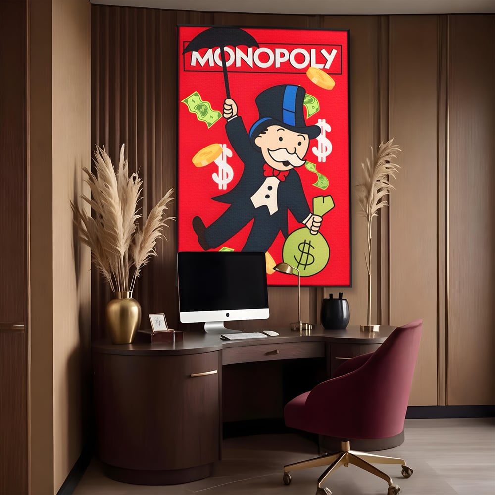 Tablou canvas cu tablou canvas cu domnul monopoly pe fond rosu, in rama de aluminiu negru, pe perete intr-un birou